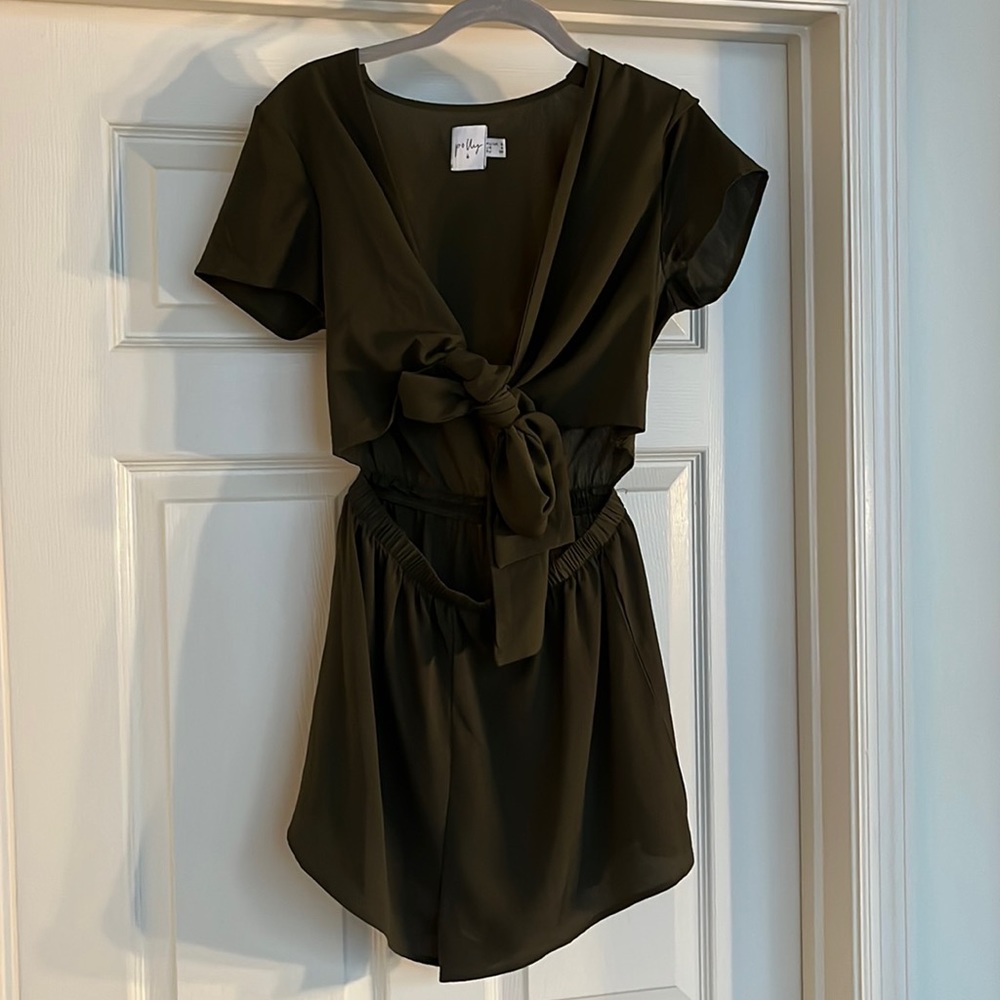 Olive green tie front, cutout romper